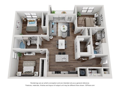 Floor plan for 3 beds, 2 baths, 1251 sqft